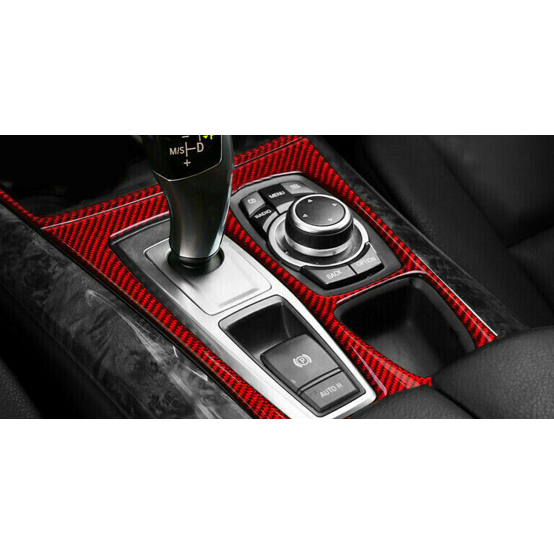 Fit for BMW X5 E70 X6 E71 Red Carbon Fiber Interior Gear Shift Panel Cover  Trim